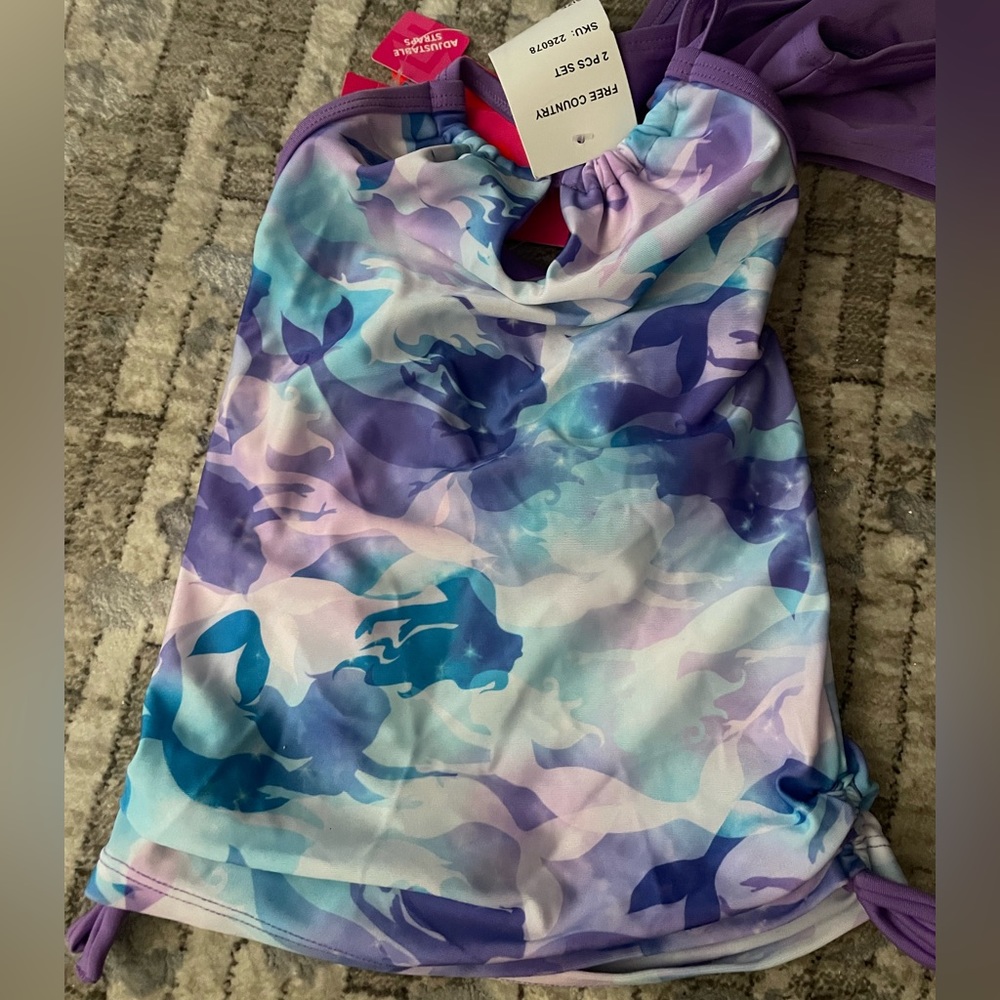 New Girls 2 Piece Mermaid Swimsuit Size 7, Lavender